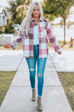 image-Plaid Color Block Buttoned Long Sleeve Jacket with Pocket