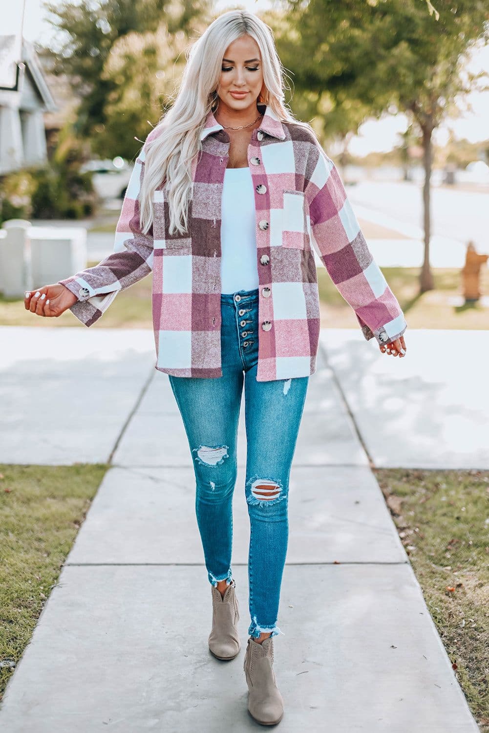 image-Plaid Color Block Buttoned Long Sleeve Jacket with Pocket