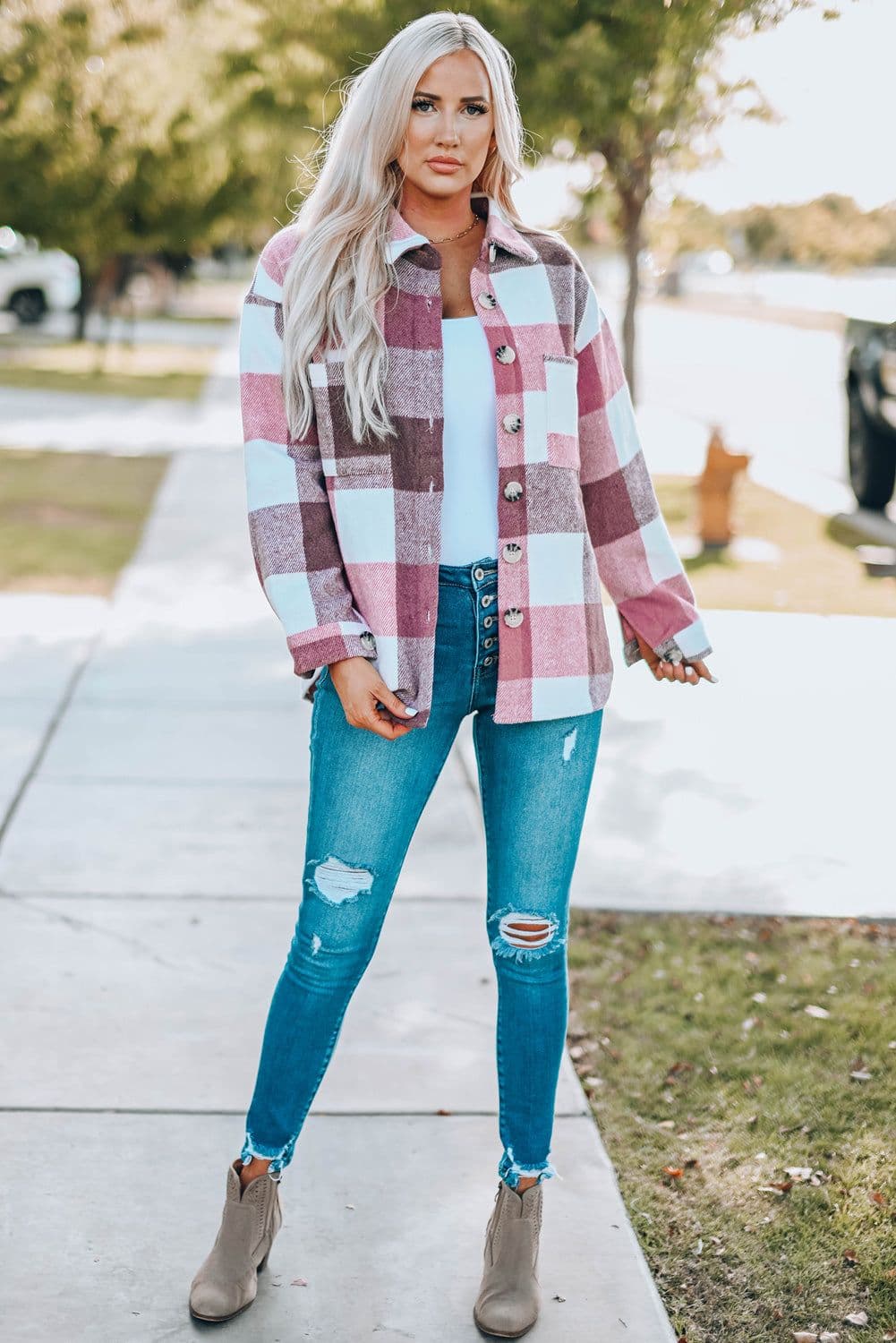 image-Plaid Color Block Buttoned Long Sleeve Jacket with Pocket