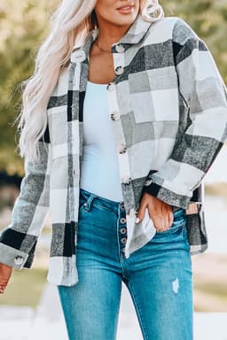 image-Plaid Color Block Buttoned Long Sleeve Jacket with Pocket