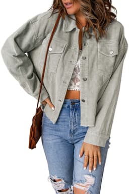image-Sky Blue Raw Hem Flap Pockets Cropped Corduroy Jacket