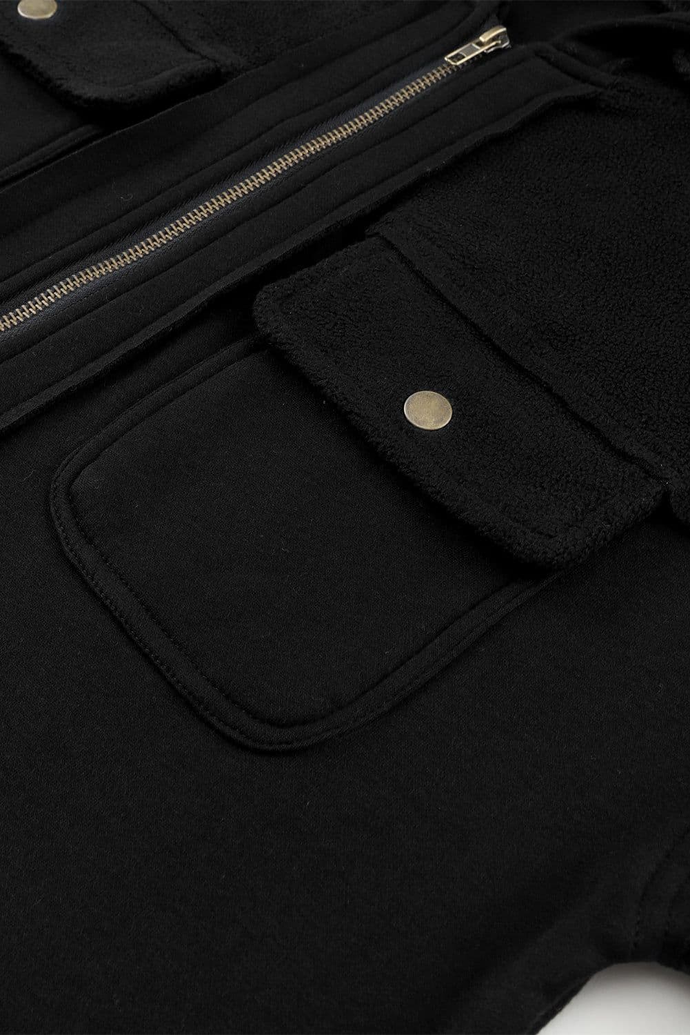 image-Black Flap Pocket Drawstring Hood Zip Up Jacket
