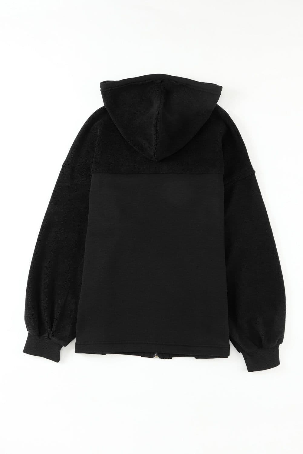 image-Black Flap Pocket Drawstring Hood Zip Up Jacket