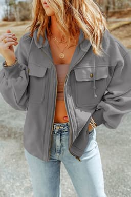 image-Black Flap Pocket Drawstring Hood Zip Up Jacket