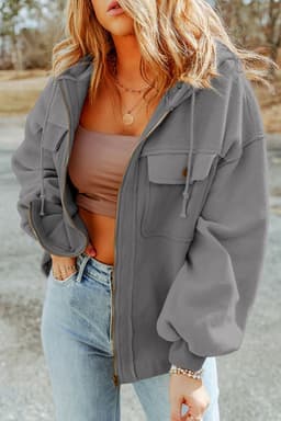 image-Black Flap Pocket Drawstring Hood Zip Up Jacket