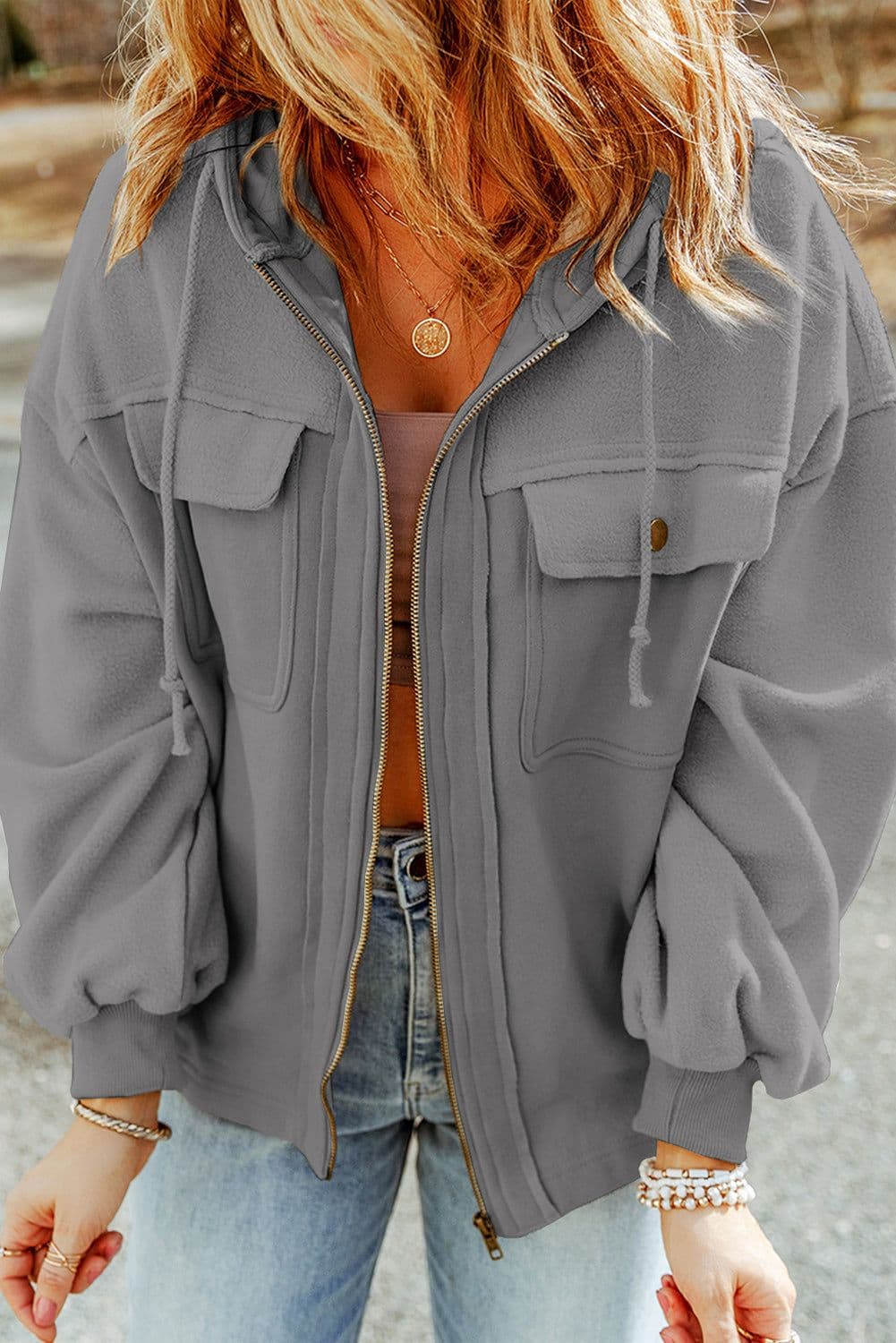 image-Black Flap Pocket Drawstring Hood Zip Up Jacket