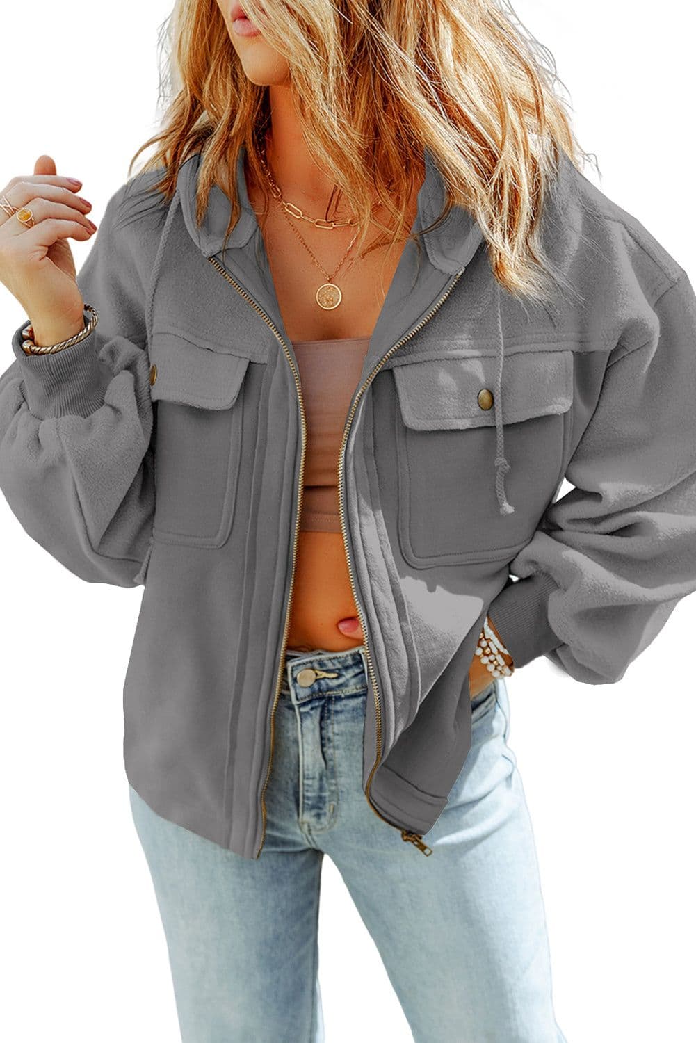 image-Black Flap Pocket Drawstring Hood Zip Up Jacket