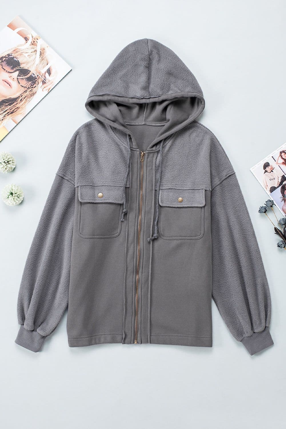 image-Black Flap Pocket Drawstring Hood Zip Up Jacket