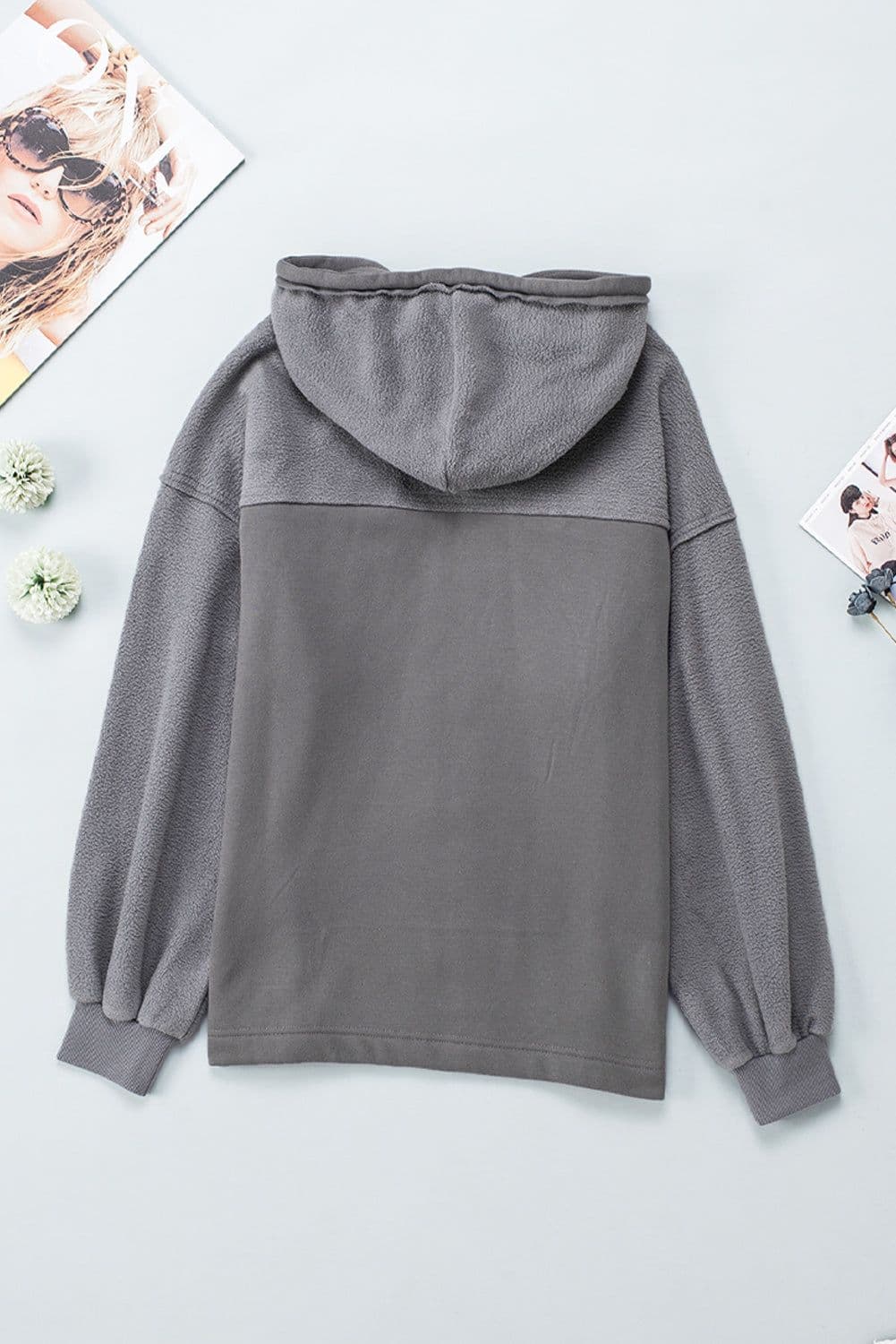 image-Black Flap Pocket Drawstring Hood Zip Up Jacket