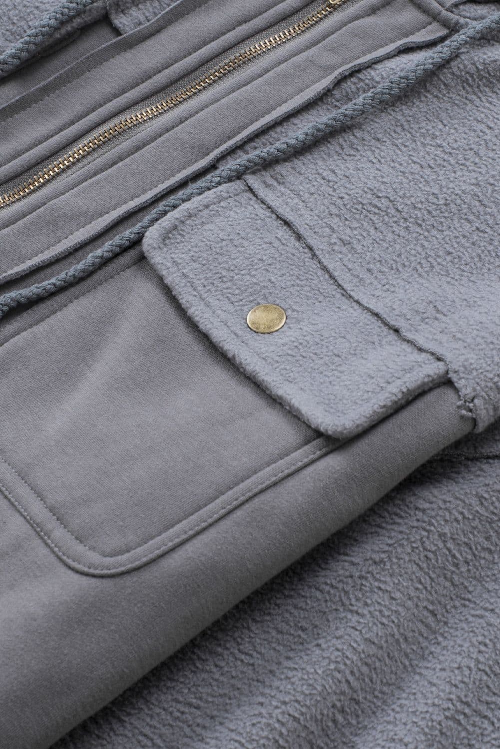 image-Black Flap Pocket Drawstring Hood Zip Up Jacket