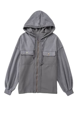 image-Black Flap Pocket Drawstring Hood Zip Up Jacket