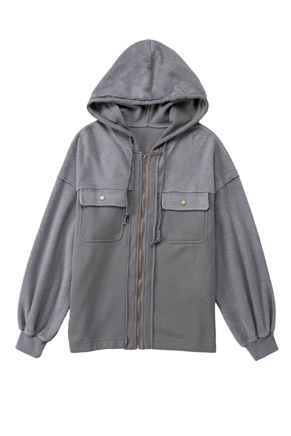 image-Black Flap Pocket Drawstring Hood Zip Up Jacket