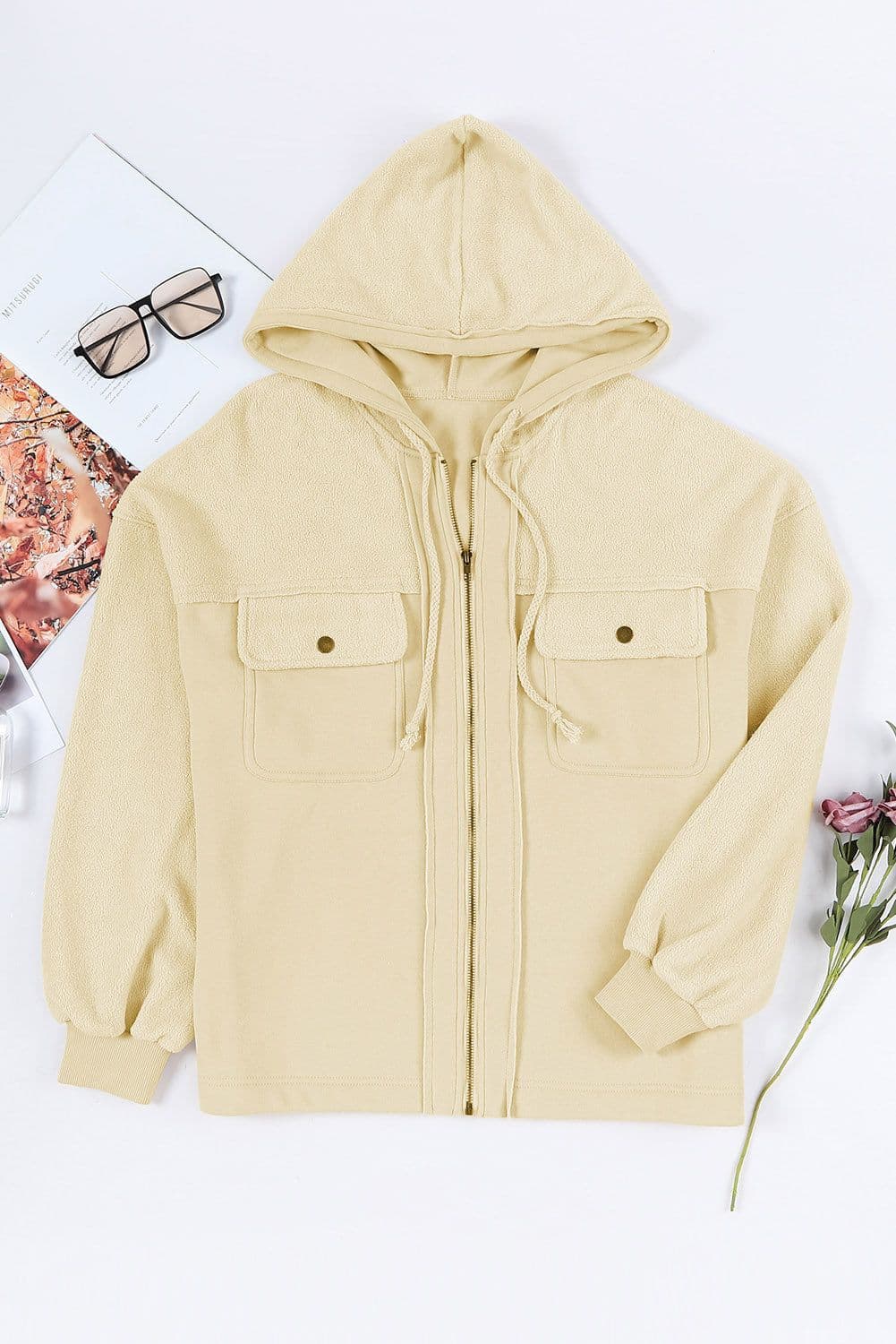 image-Black Flap Pocket Drawstring Hood Zip Up Jacket
