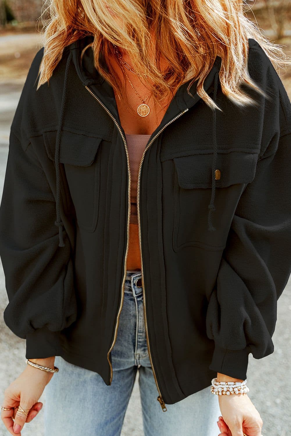 image-Black Flap Pocket Drawstring Hood Zip Up Jacket