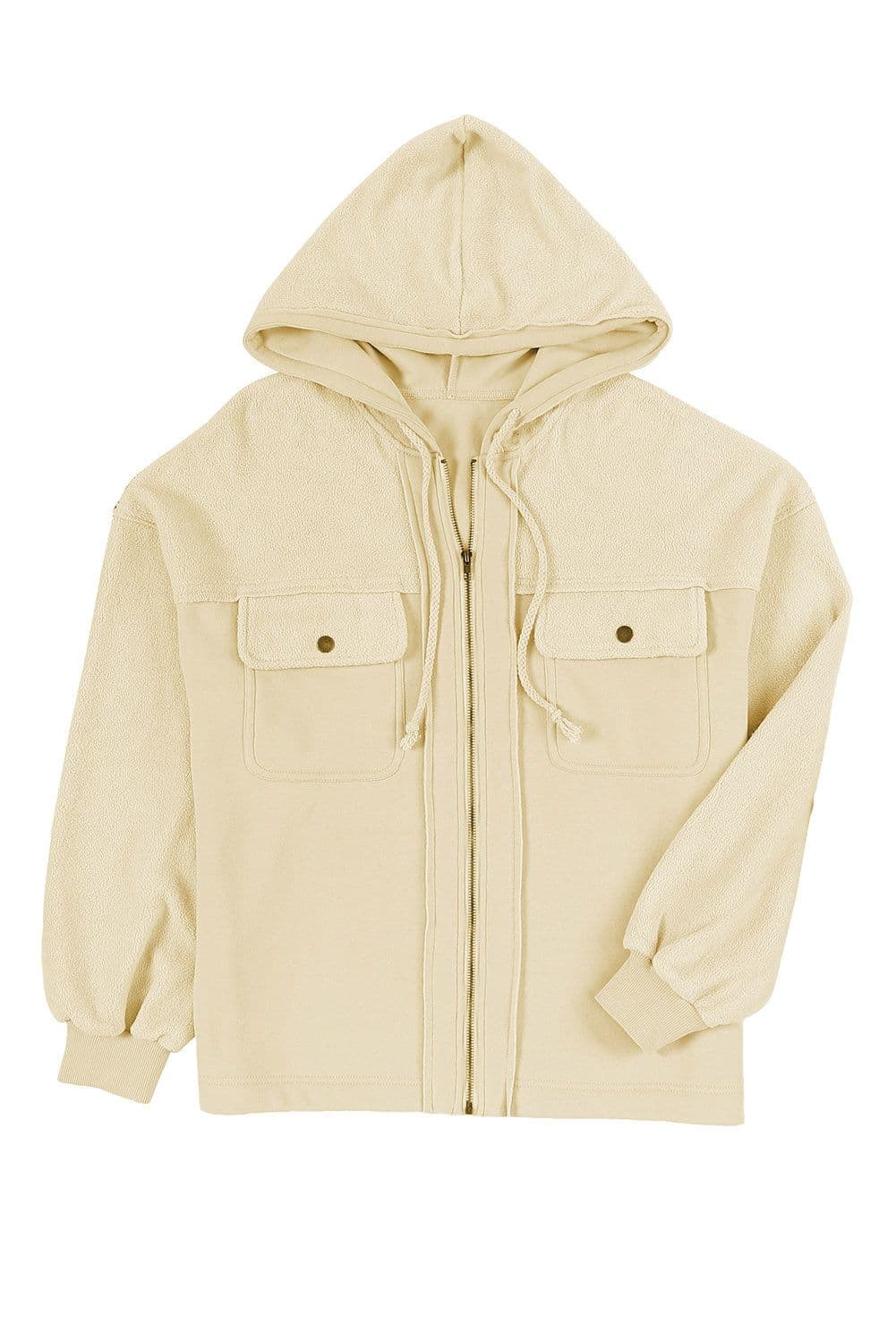 image-Black Flap Pocket Drawstring Hood Zip Up Jacket