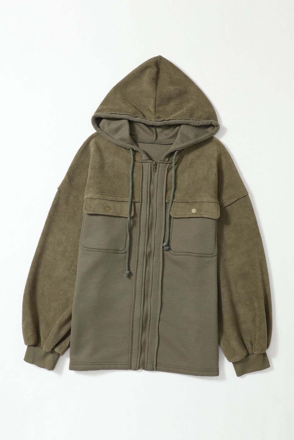 image-Black Flap Pocket Drawstring Hood Zip Up Jacket