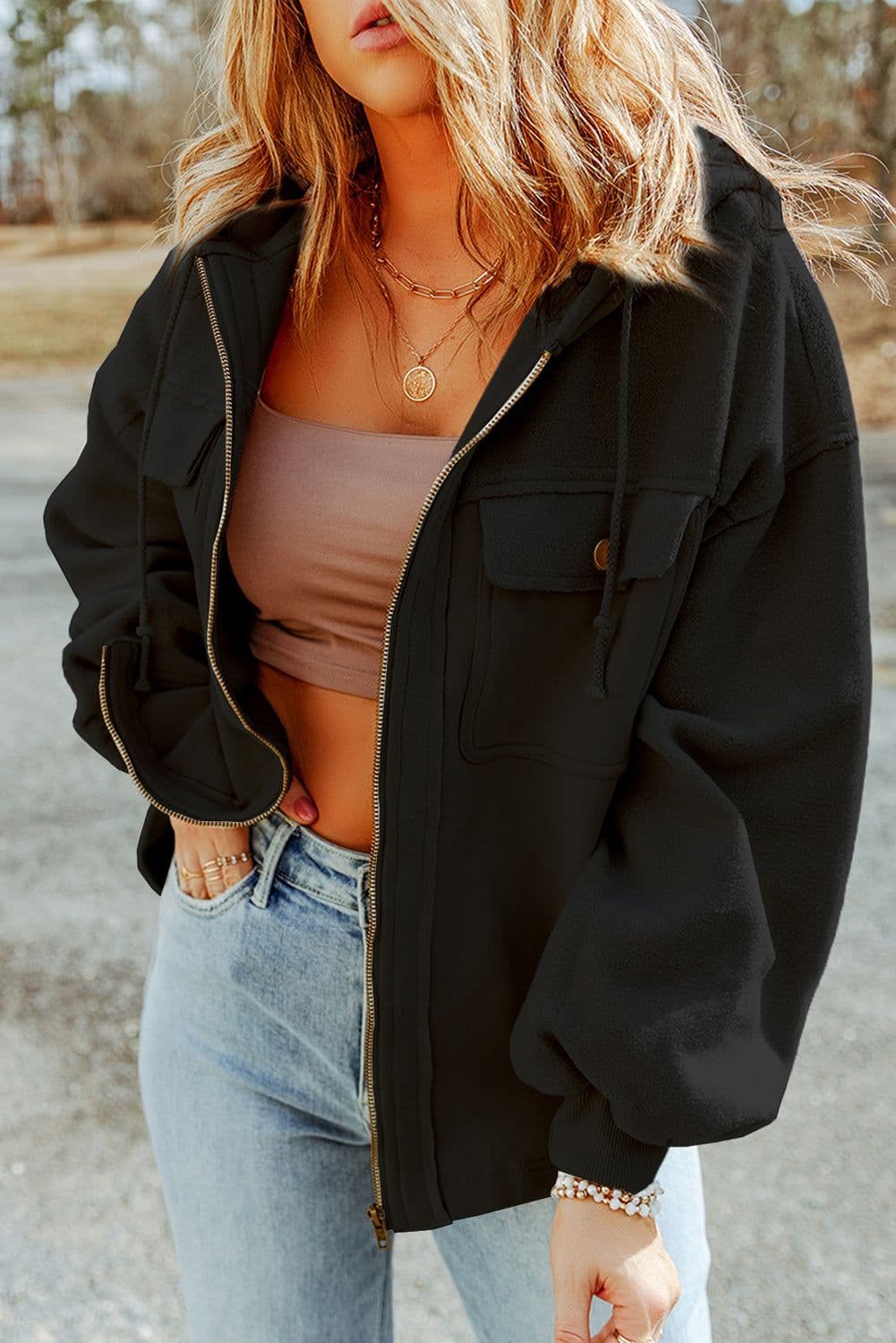 image-Black Flap Pocket Drawstring Hood Zip Up Jacket