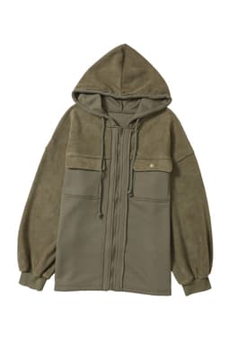 image-Black Flap Pocket Drawstring Hood Zip Up Jacket