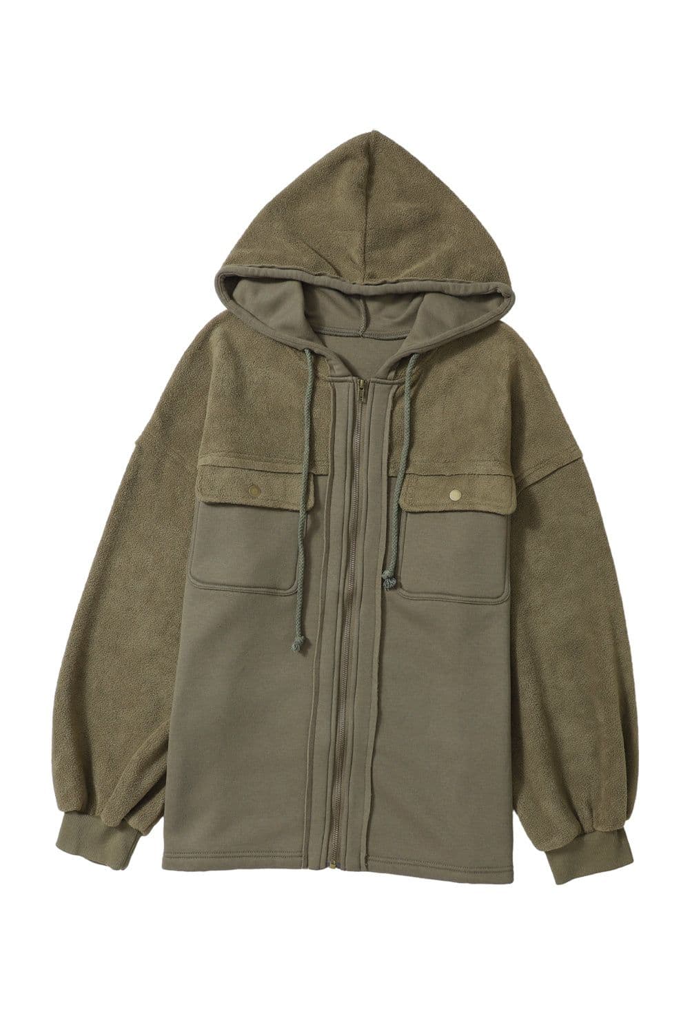 image-Black Flap Pocket Drawstring Hood Zip Up Jacket