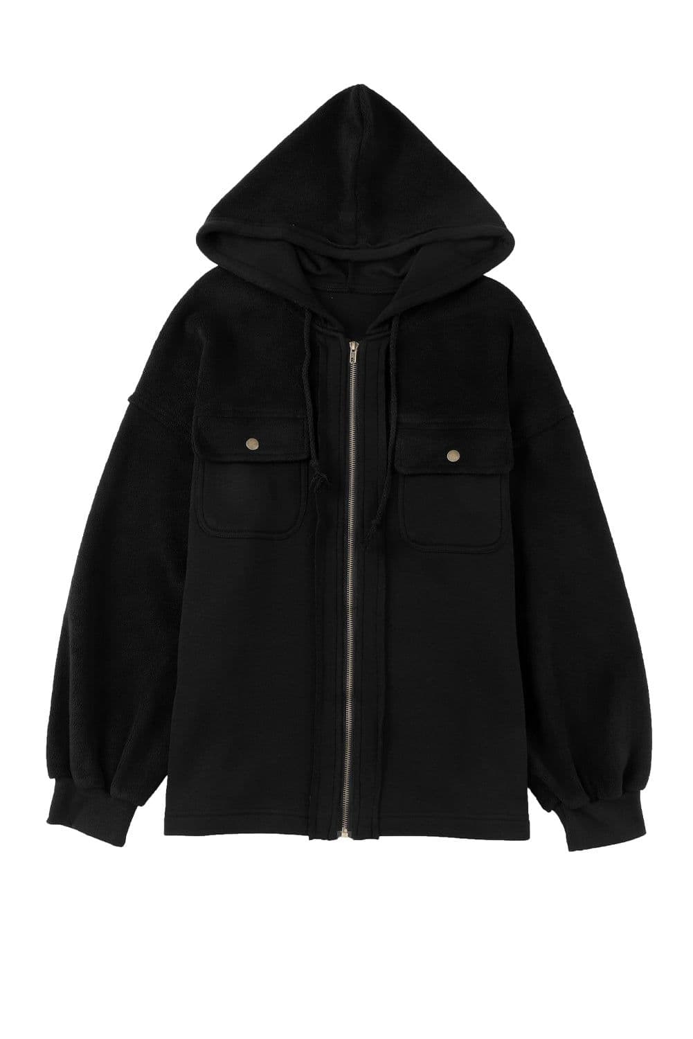 image-Black Flap Pocket Drawstring Hood Zip Up Jacket