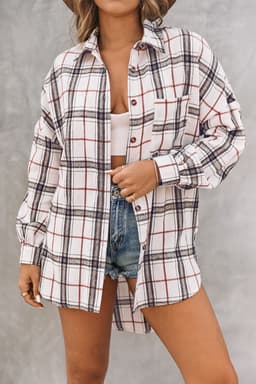 image-White Oversized Plaid Pattern Shacket with Slits