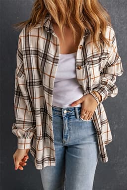 image-White Oversized Plaid Pattern Shacket with Slits
