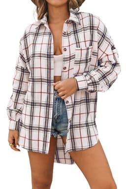 image-White Oversized Plaid Pattern Shacket with Slits