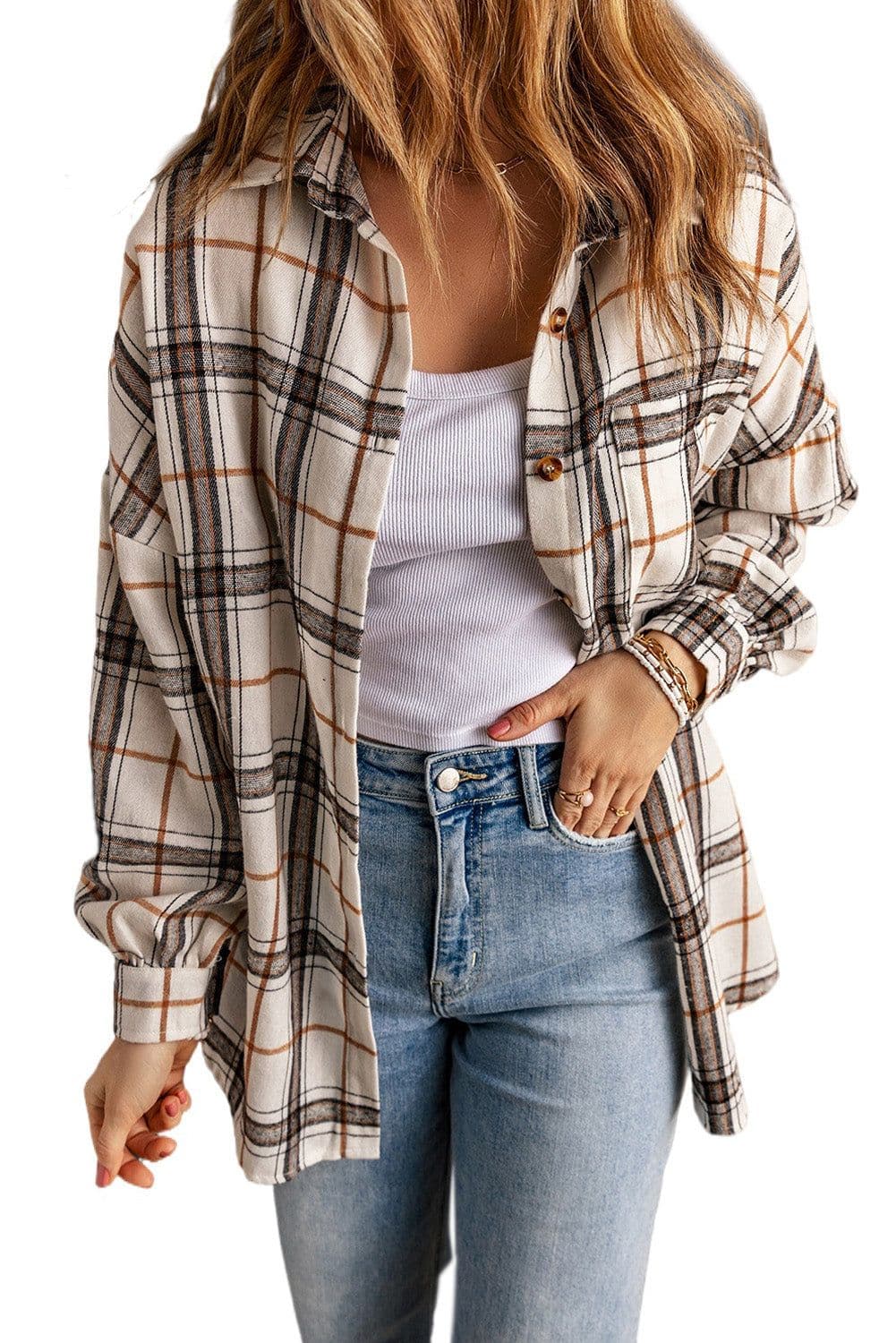 image-White Oversized Plaid Pattern Shacket with Slits