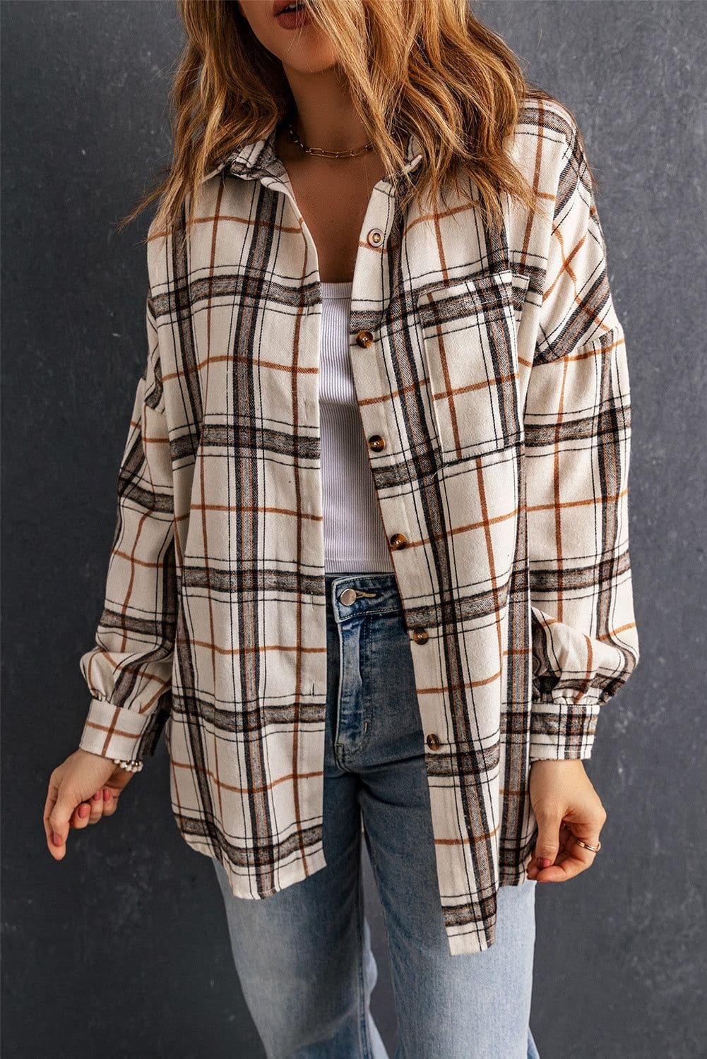 image-White Oversized Plaid Pattern Shacket with Slits