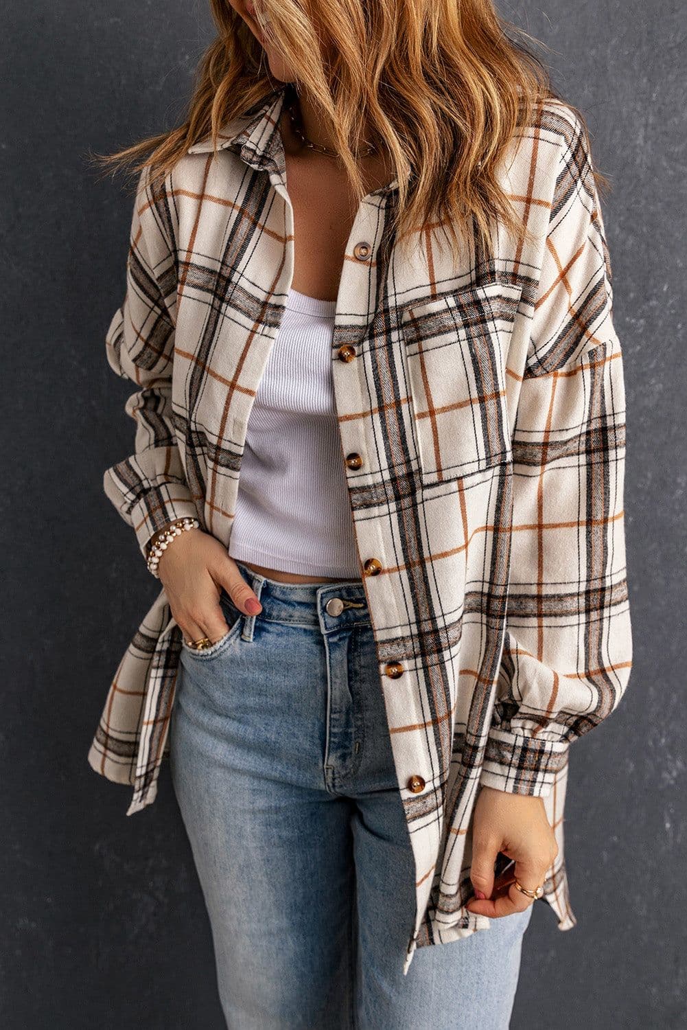 image-White Oversized Plaid Pattern Shacket with Slits