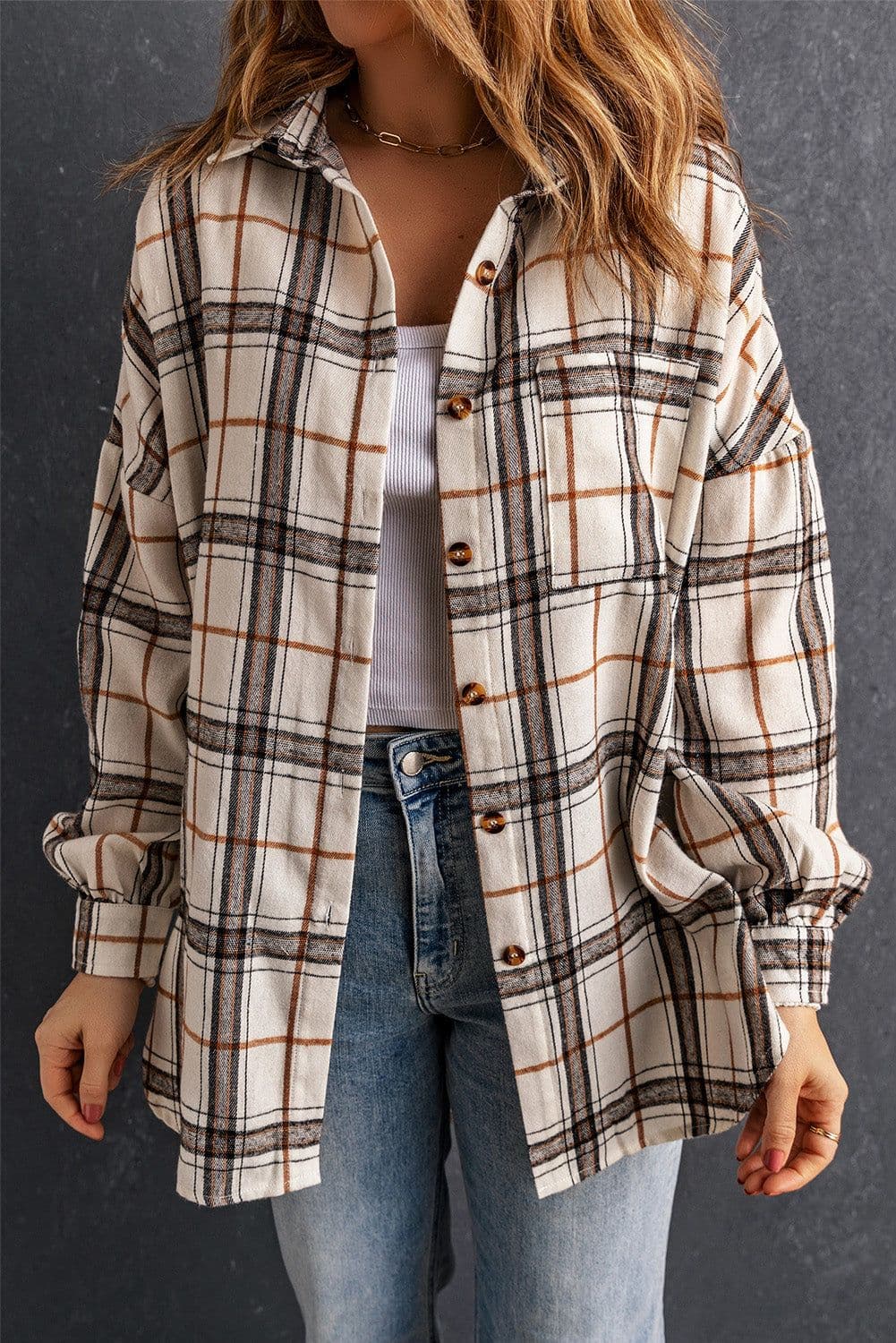 image-White Oversized Plaid Pattern Shacket with Slits
