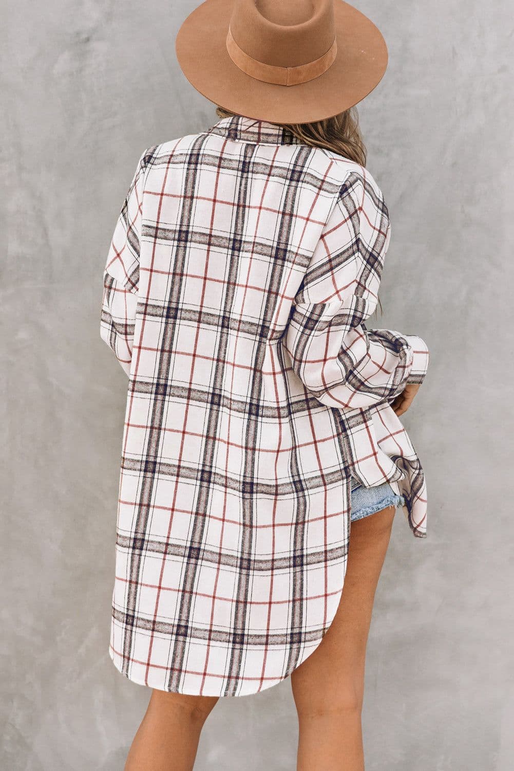 image-White Oversized Plaid Pattern Shacket with Slits