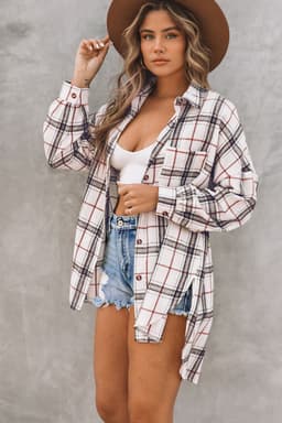 image-White Oversized Plaid Pattern Shacket with Slits