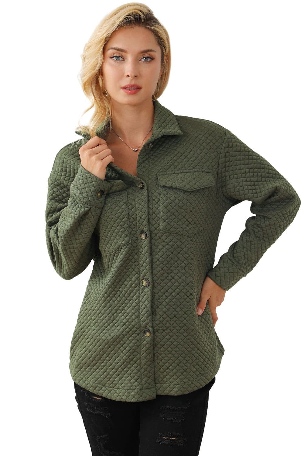 image-Black Retro Quilted Flap Pocket Button Shacket