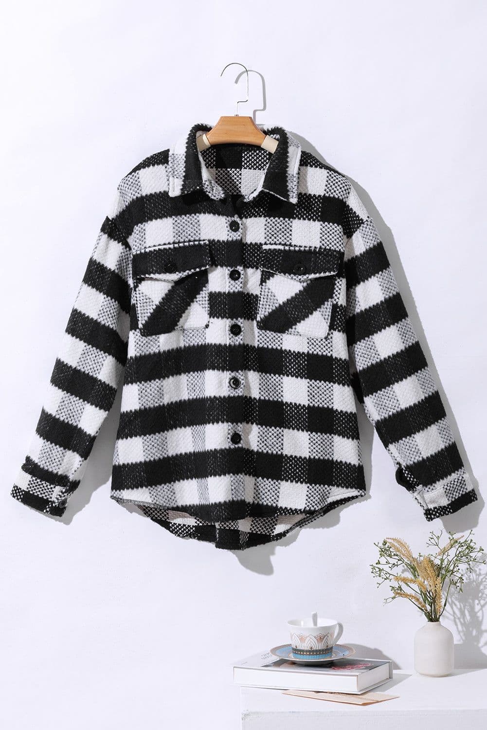 image-Black Plaid Textured Flap Pocket Shacket