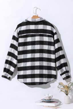 image-Black Plaid Textured Flap Pocket Shacket