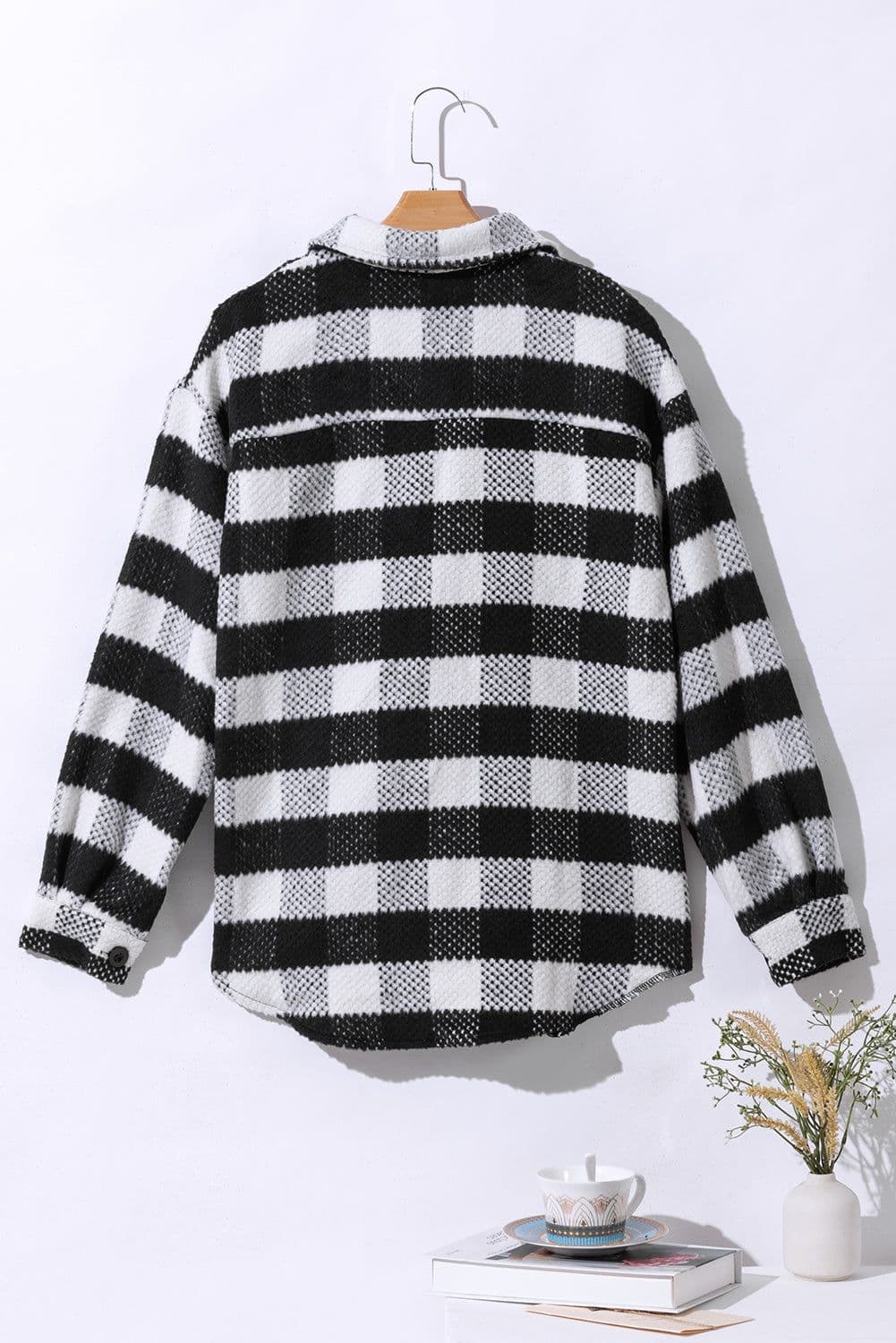 image-Black Plaid Textured Flap Pocket Shacket