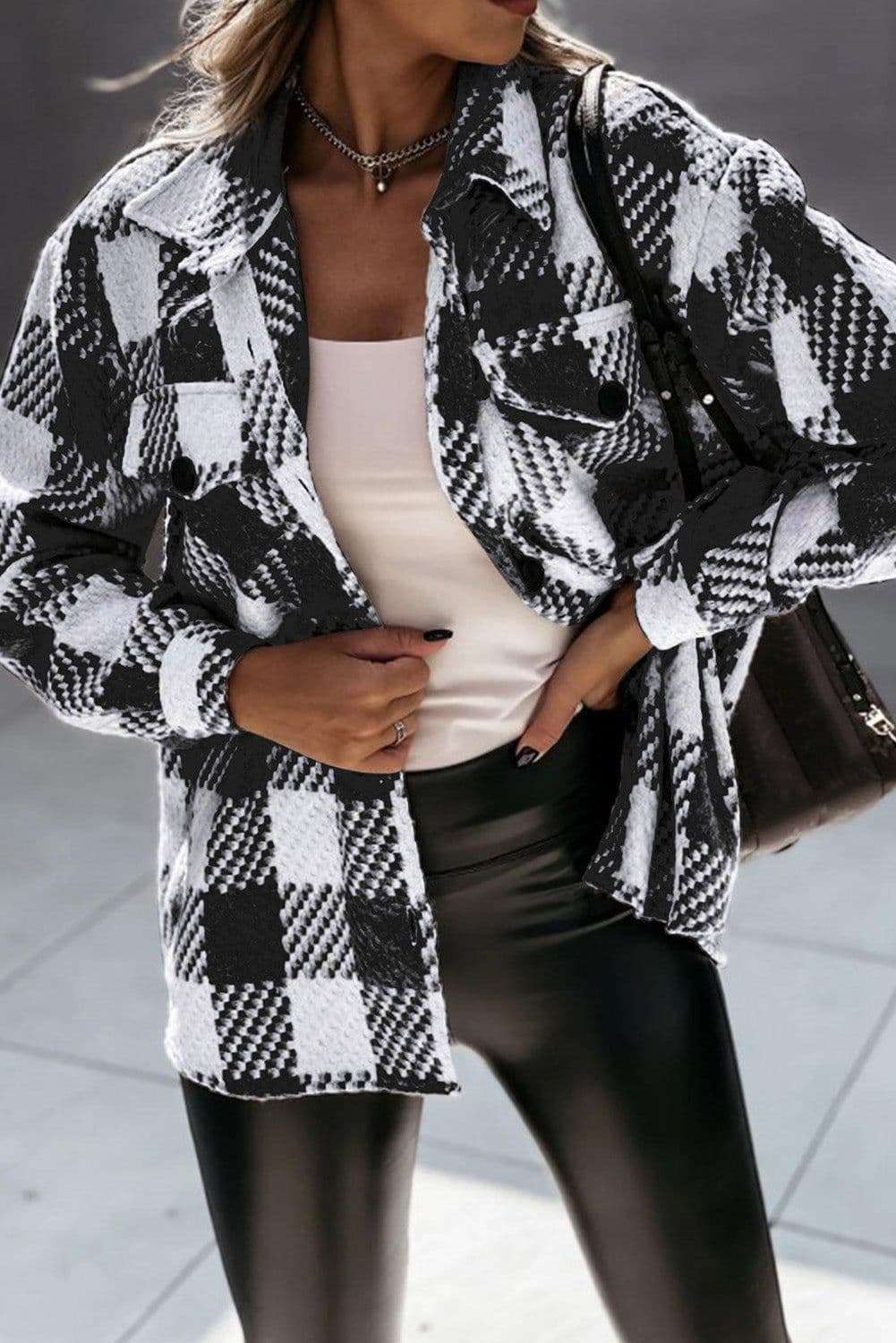 image-Black Plaid Textured Flap Pocket Shacket