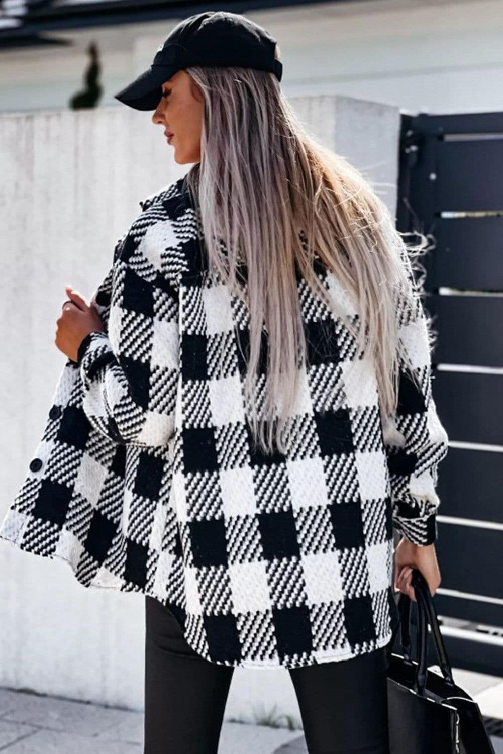 image-Black Plaid Textured Flap Pocket Shacket
