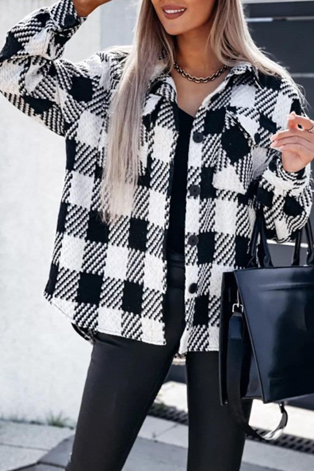 image-Black Plaid Textured Flap Pocket Shacket