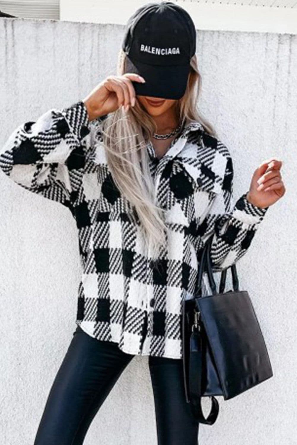 image-Black Plaid Textured Flap Pocket Shacket