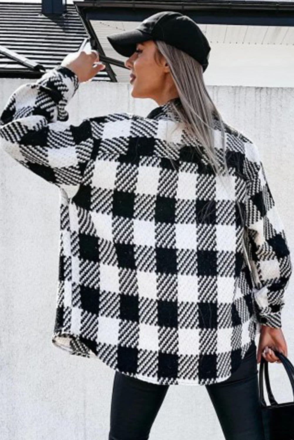 image-Black Plaid Textured Flap Pocket Shacket