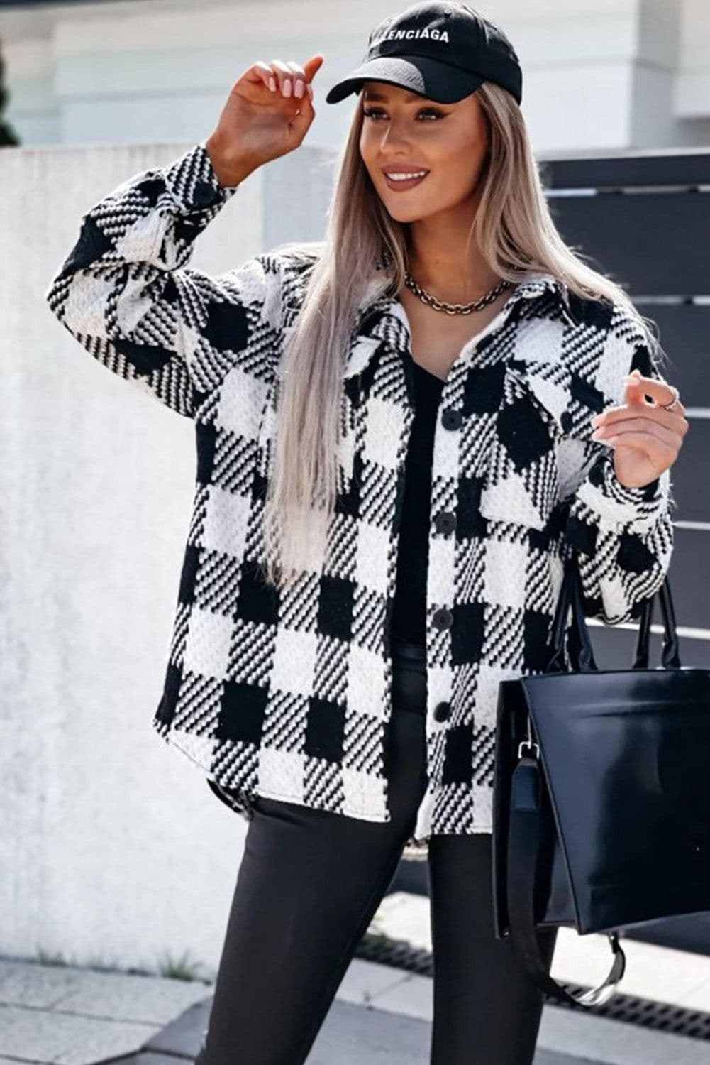 image-Black Plaid Textured Flap Pocket Shacket