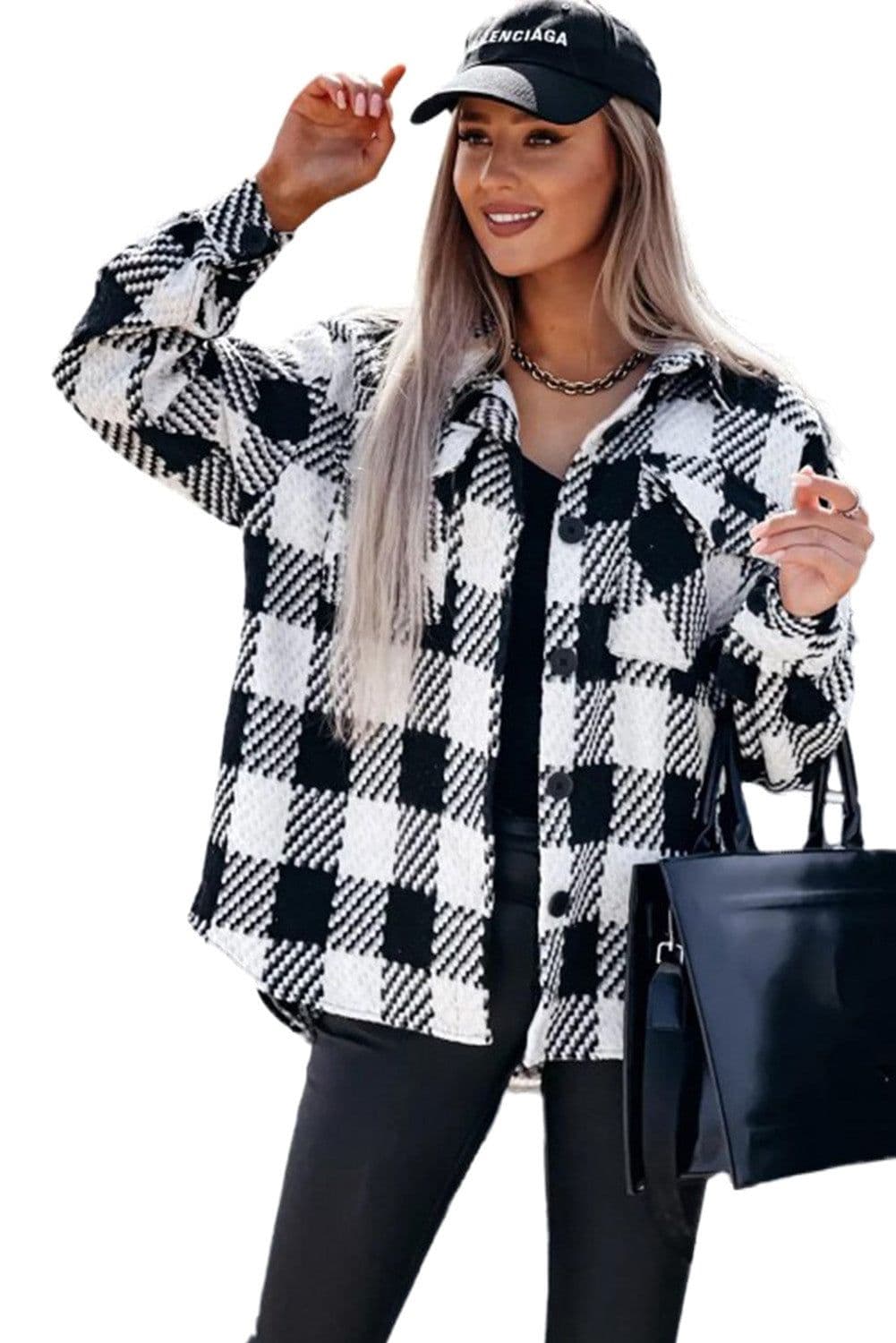 image-Black Plaid Textured Flap Pocket Shacket