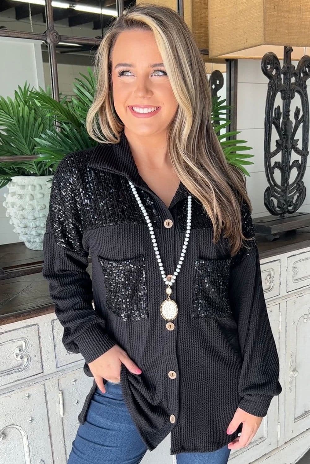 image-Parchment Sequin Patch Chest Pocket Corded Shacket