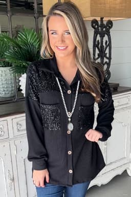 image-Parchment Sequin Patch Chest Pocket Corded Shacket