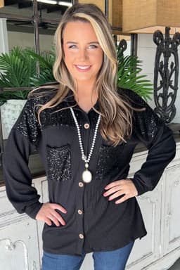 image-Parchment Sequin Patch Chest Pocket Corded Shacket