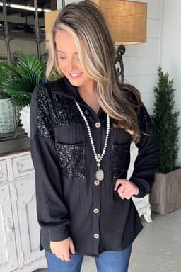 image-Parchment Sequin Patch Chest Pocket Corded Shacket