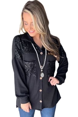 image-Parchment Sequin Patch Chest Pocket Corded Shacket
