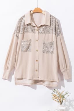 image-Parchment Sequin Patch Chest Pocket Corded Shacket